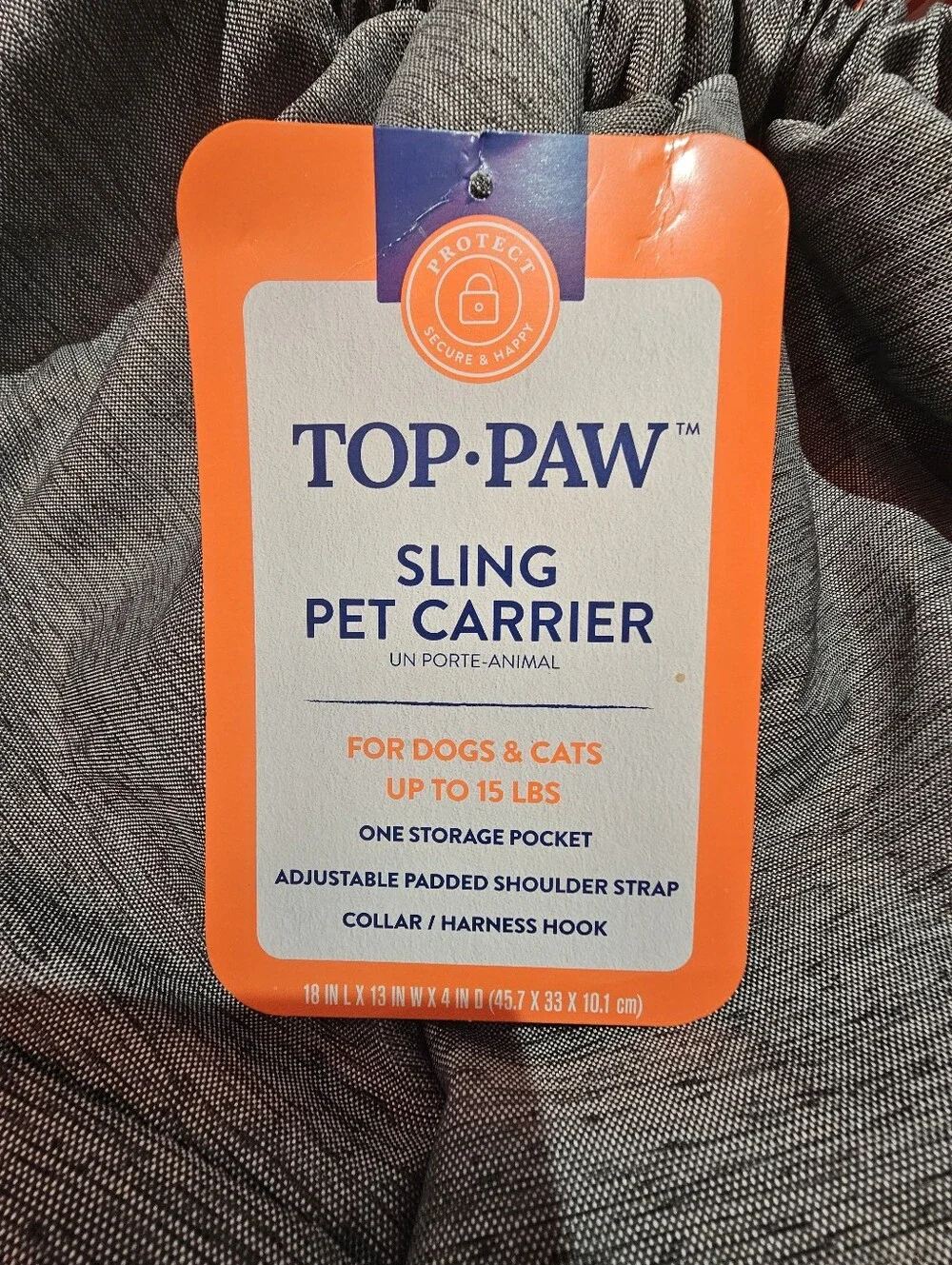 Top Paw Grey Sling Pet Carrier with Orange-Striped Interior